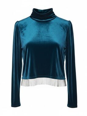 Joie Teal Velour Mock Neck Blouse Rhinestone Fringe Turtleneck